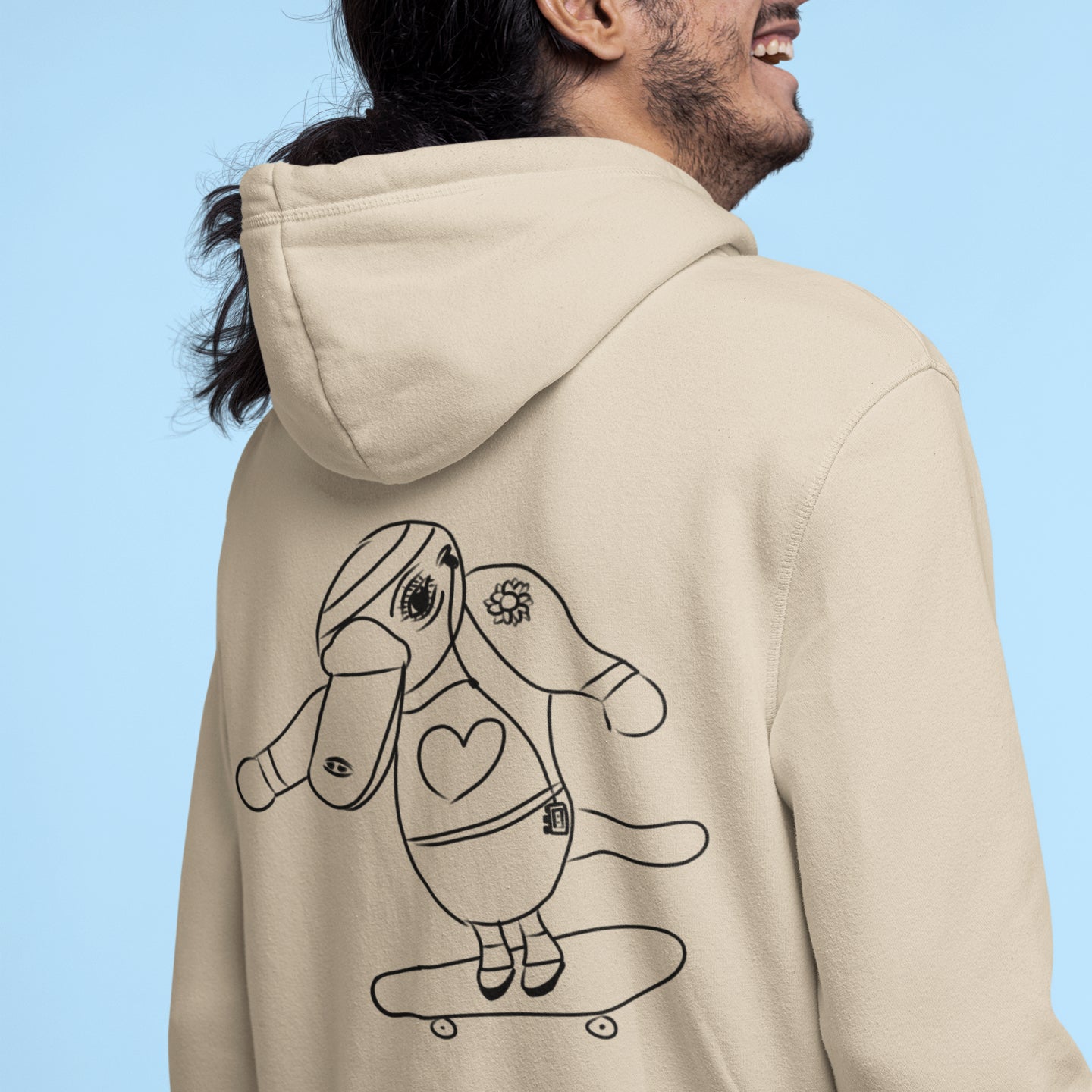 Platypus Skateboarder | Sustainable Hoodie desert dust back 