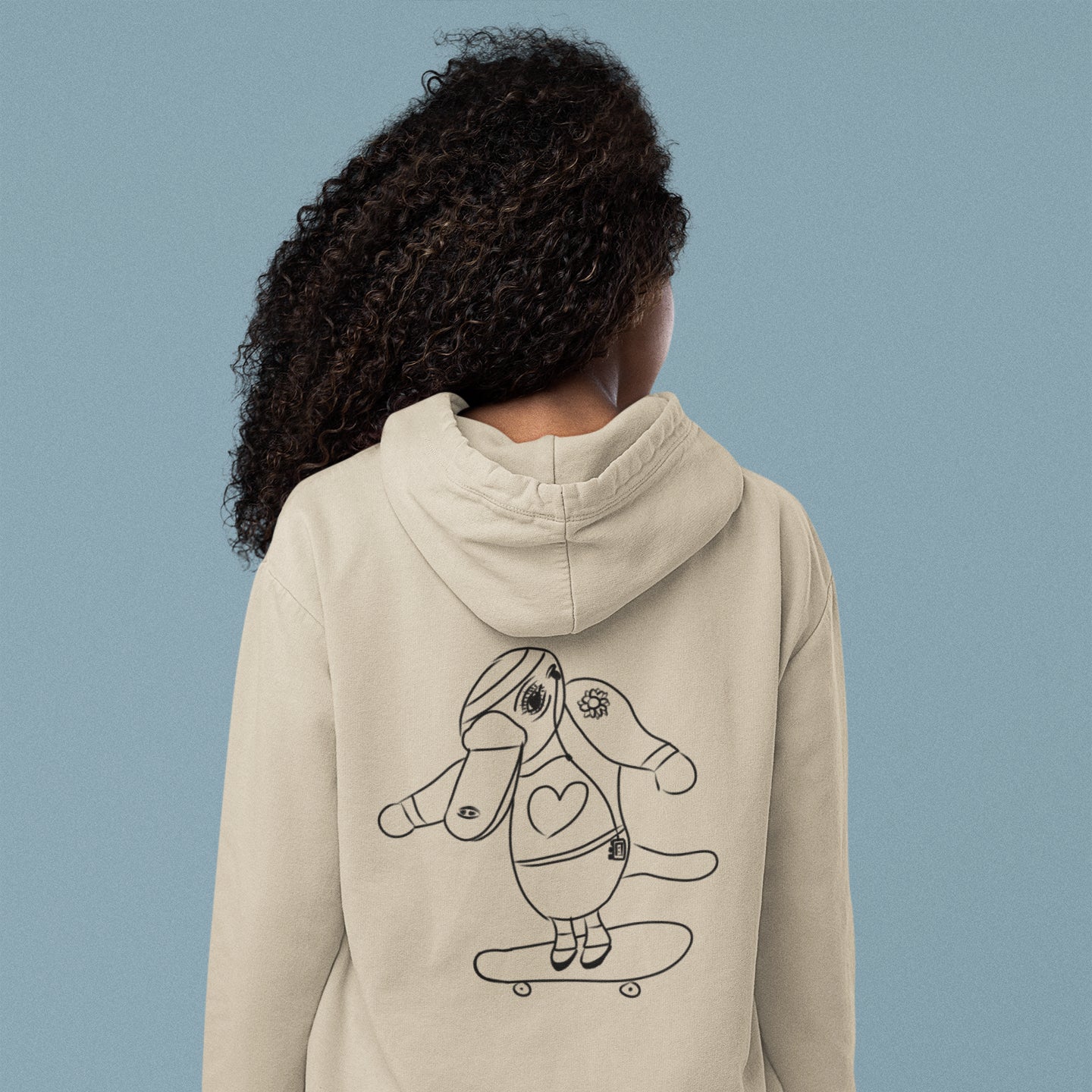 Platypus Skateboarder | Sustainable Hoodie desert dust back 