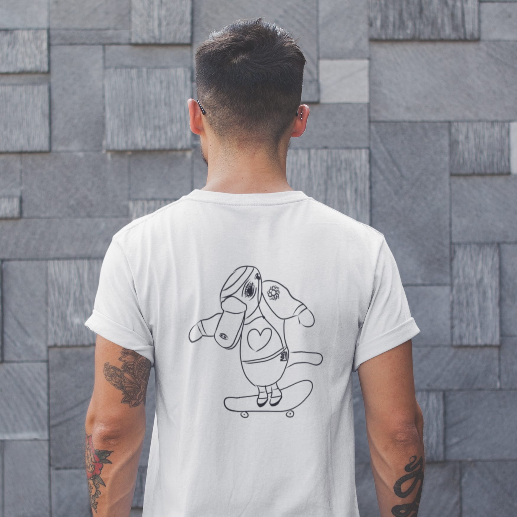 Platypus Skateboarder | 100% Organic Cotton T Shirt worn by a man