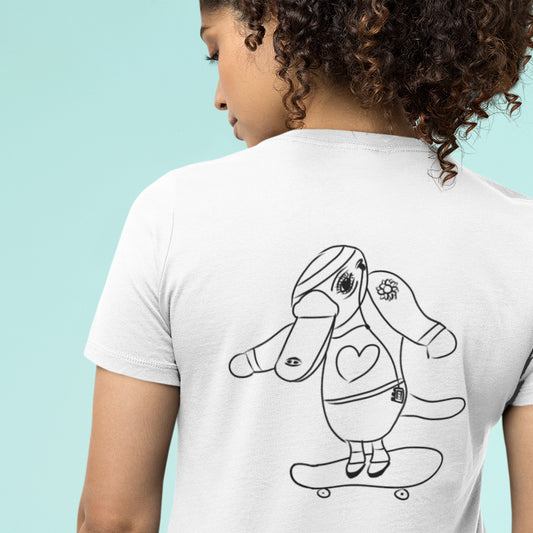 Platypus Skateboarder | 100% Organic Cotton T Shirt worn by a woman