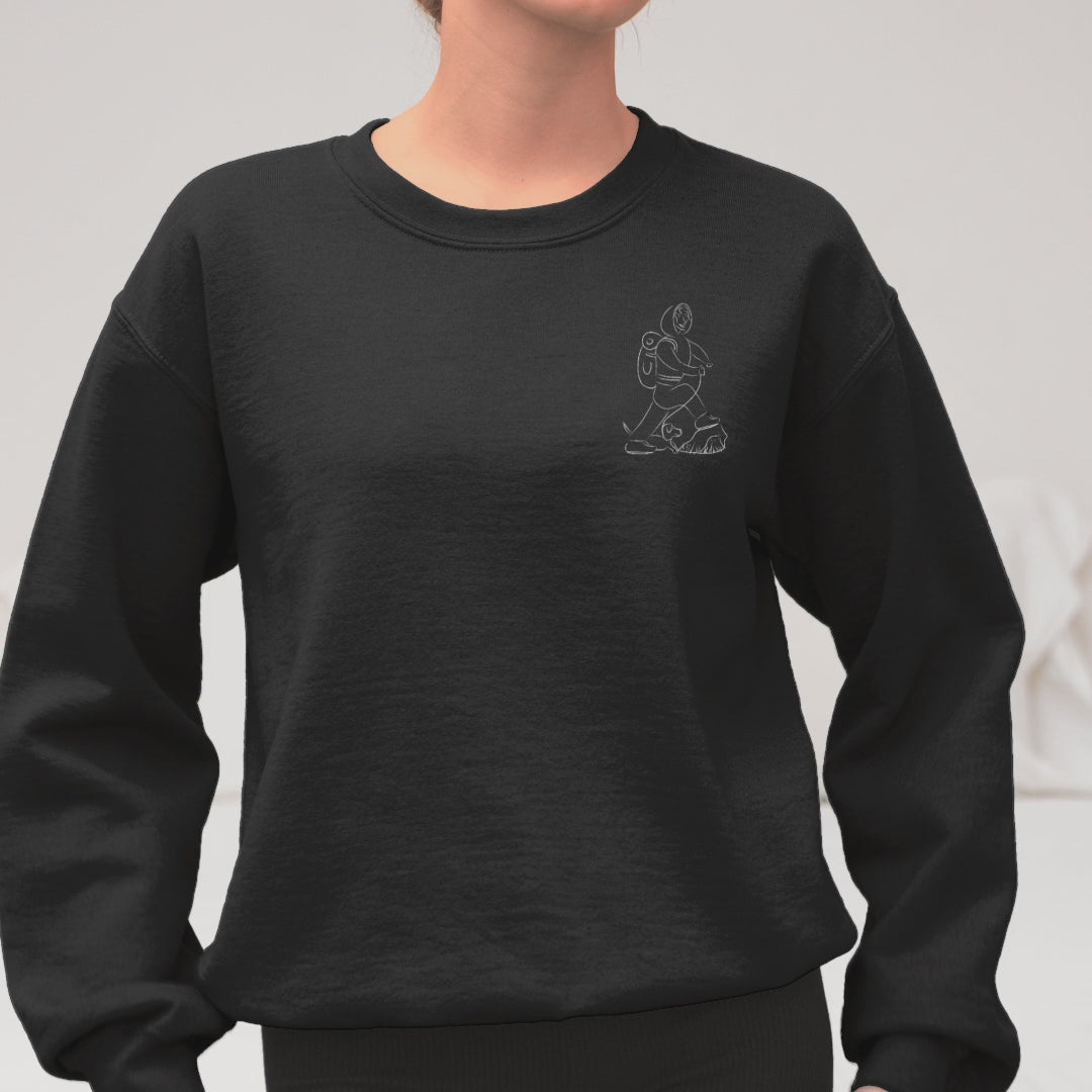 Woman and Dog Hiking White | Vegan Jumper worn by a woman