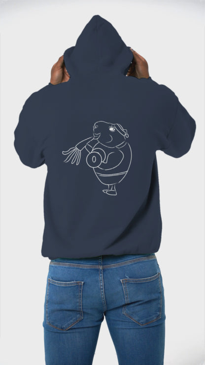 White Guinea Pig Weight Lifter | Sustainable Hoodie worn by a man