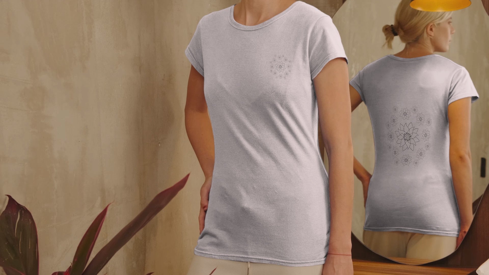 Lotus Dream | 100% Organic Cotton T Shirt worn by a woman in front of a mirror