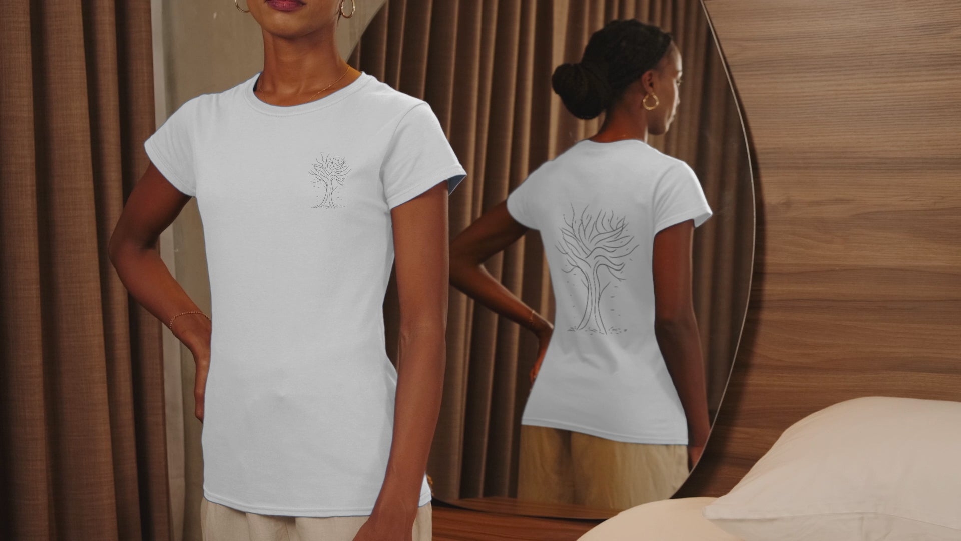 Autumn Tree Trance | 100% Organic Cotton T Shirt worn by a woman looking in the mirror