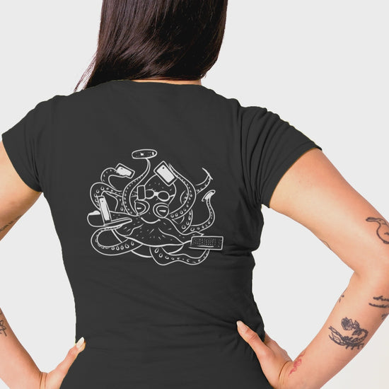 White Octopus Office Worker | 100% Organic Cotton T Shirt worn by a woman