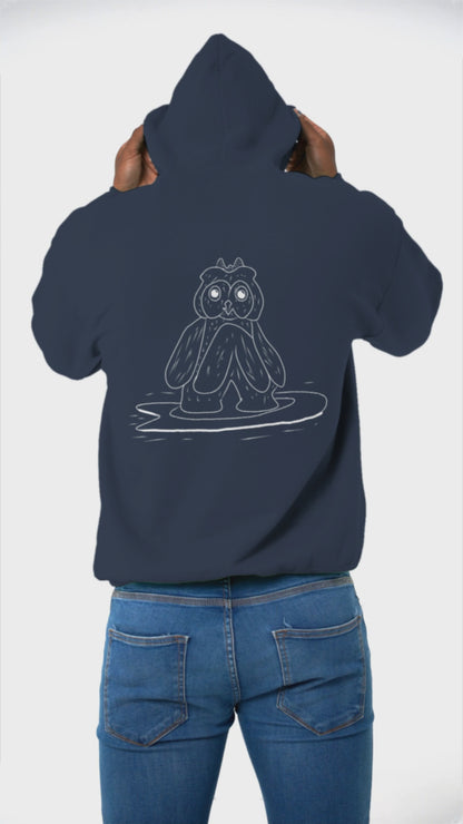 Surfing Owl White Line | Sustainable Hoodie worn by a man