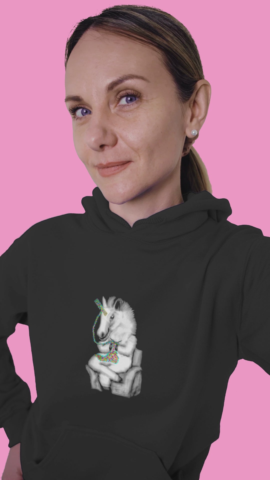 Knitting Unicorn | Sustainable Hoodie worn by a woman