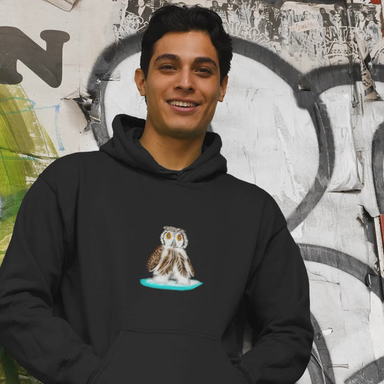 Surfing Owl | Sustainable Hoodie worn by a man