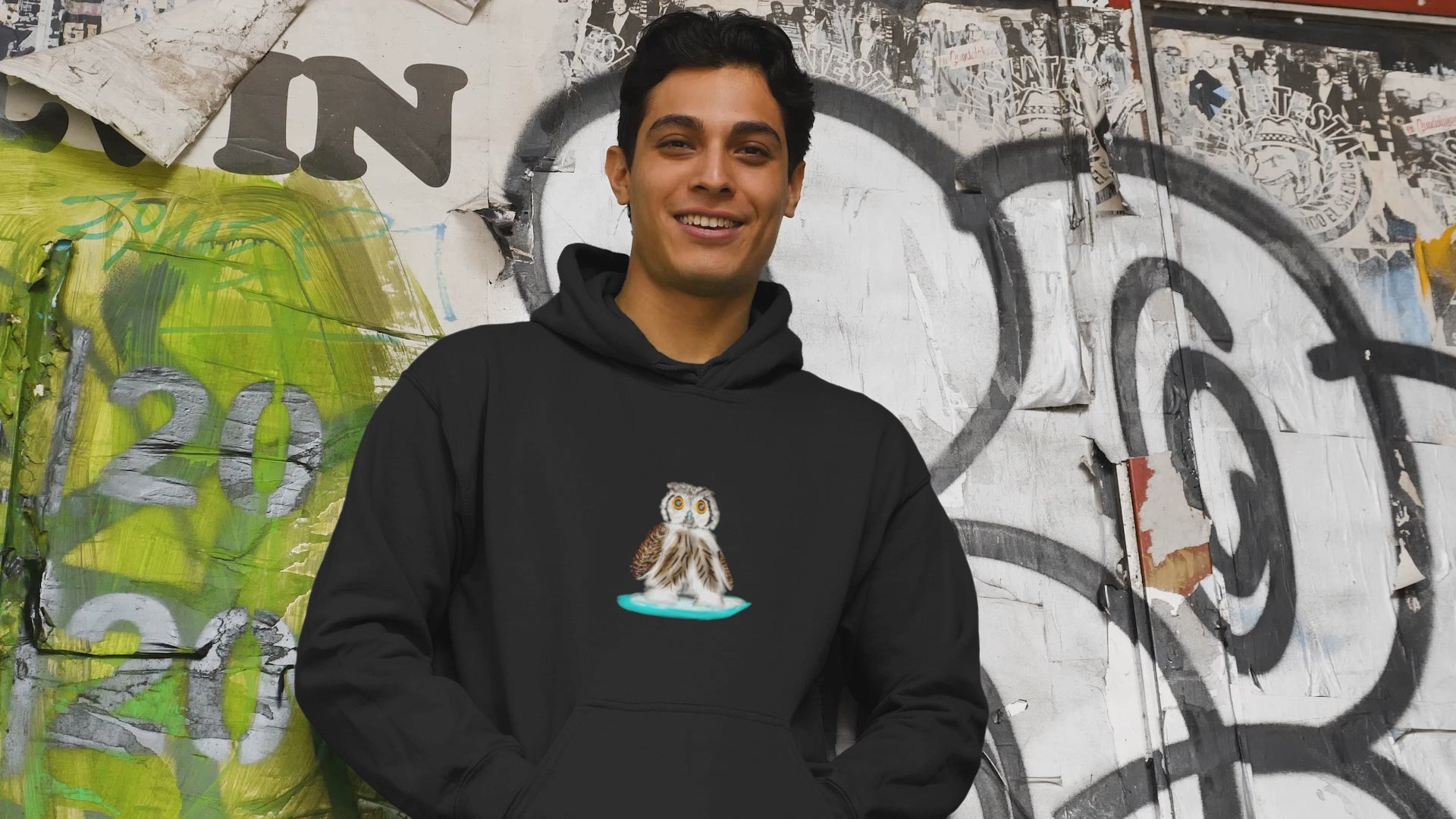 Surfing Owl | Sustainable Hoodie worn by a man