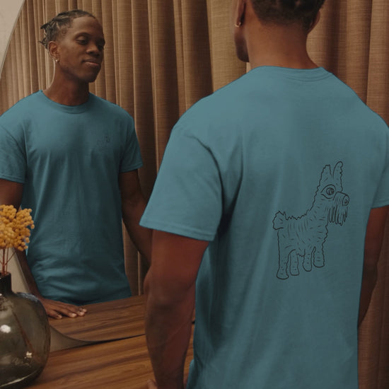 Dog 2 | 100% Organic Cotton T Shirt worn by a man in front of a mirror