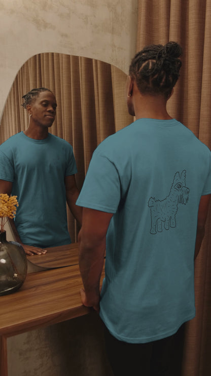 Dog 2 | 100% Organic Cotton T Shirt worn by a man in front of a mirror