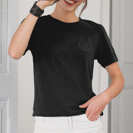 White Dragon Dance, Yin and Yang | 100% Organic Cotton T Shirt worn by a woman