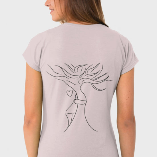 Sustainable Embrace Tree | 100% Organic Cotton T Shirt worn by a woman