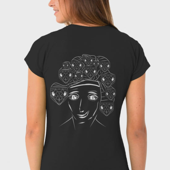 White Medusa | 100% Organic Cotton T Shirt worn by a women in black back view