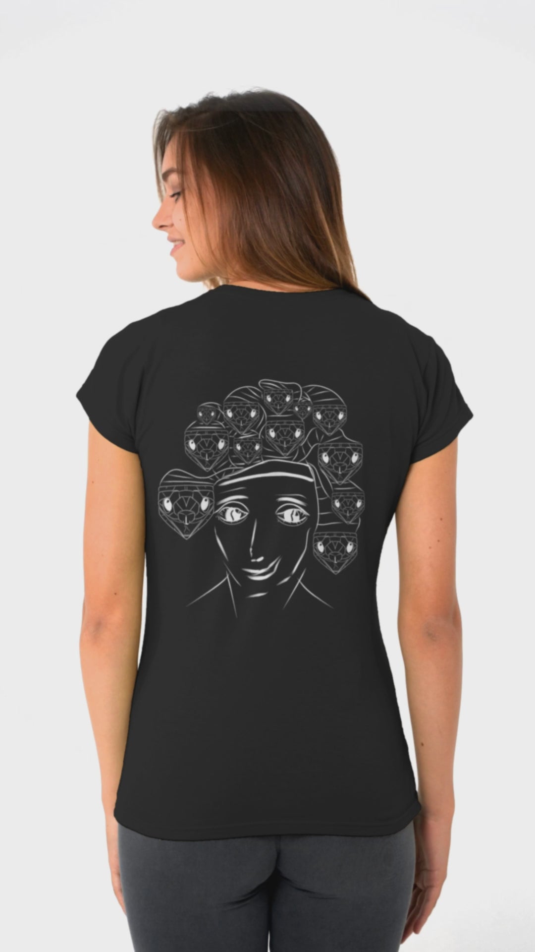 White Medusa | 100% Organic Cotton T Shirt worn by a women in black back view