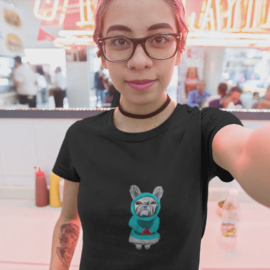 Dog Gamer | Women's 100% Organic Cotton T Shirt worn by a woman in a cafe