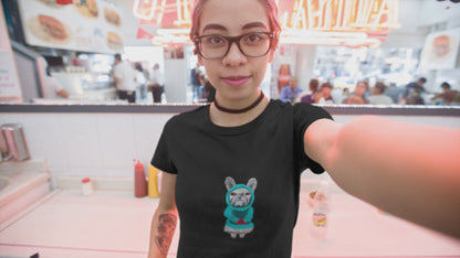 Dog Gamer | Women's 100% Organic Cotton T Shirt worn by a woman in a cafe