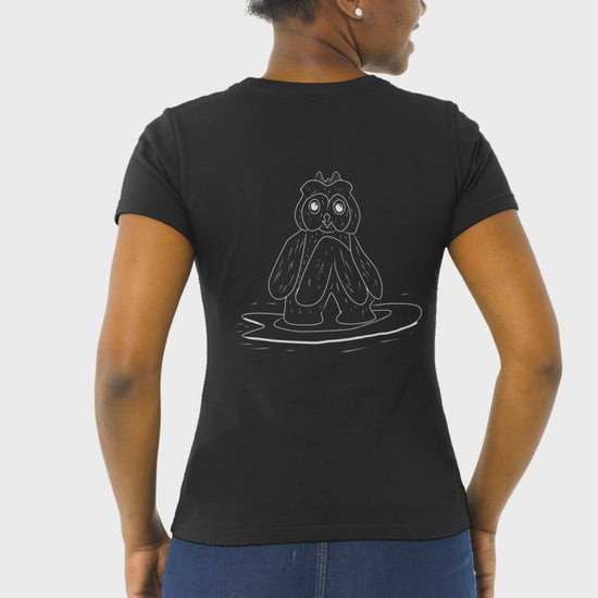 Surfing Owl White Line | 100% Organic Cotton T Shirt worn by a woman