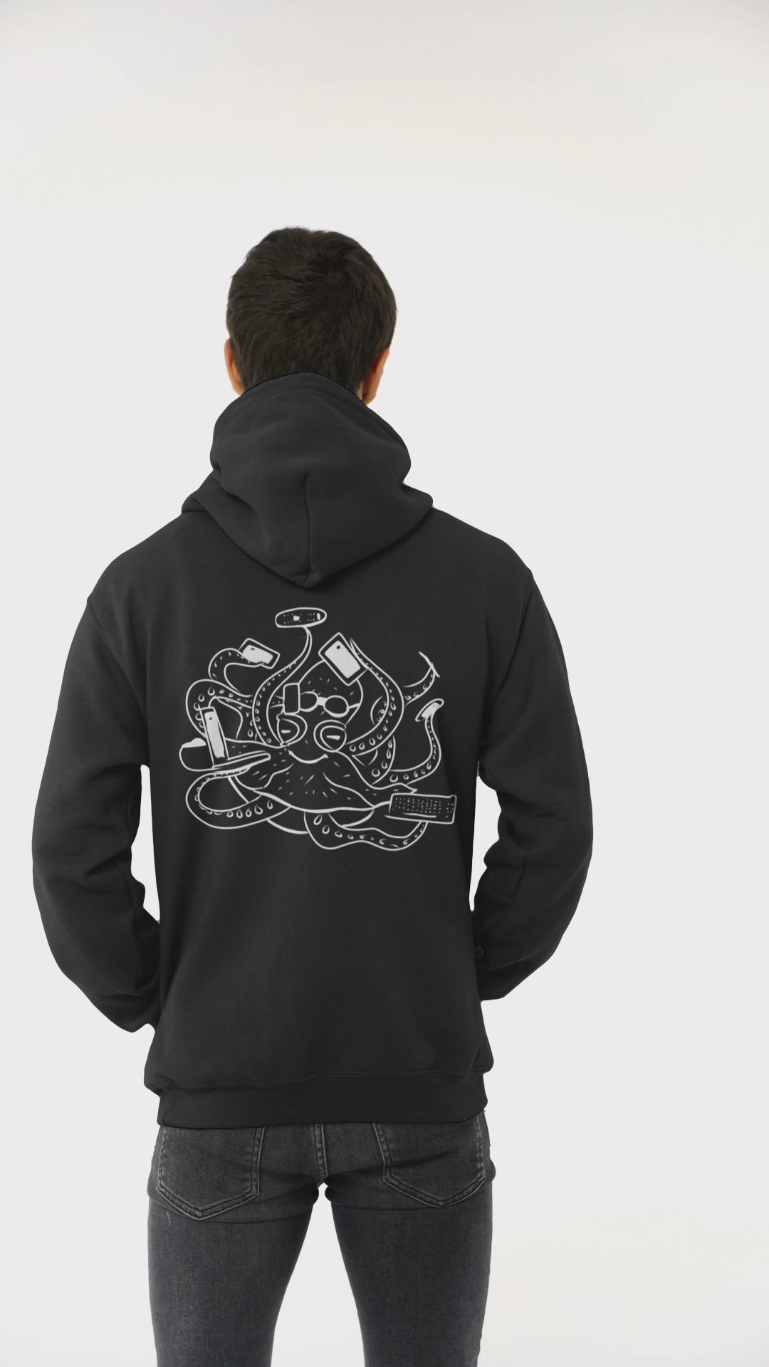 White Octopus Office Worker | Sustainable Hoodie worn by a man