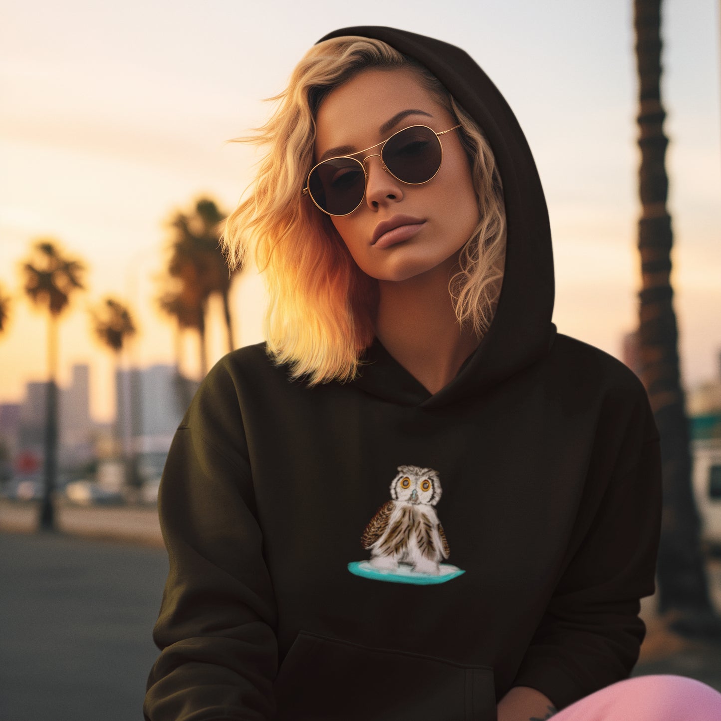 Surfing Owl | Sustainable Hoodie worn by a woman