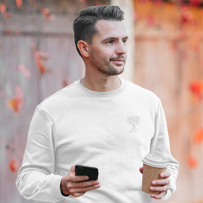 Autumn Tree Trance | Vegan Jumper worn by a man with coffee