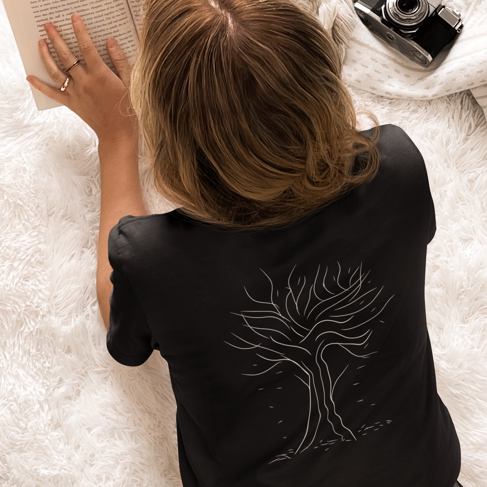 Autumn White Tree Trance | 100% Organic Cotton T Shirt worn by a woman