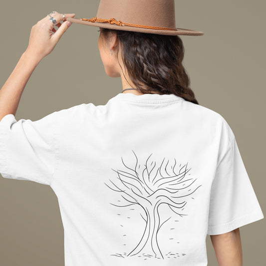 Autumn Tree Trance | Women's 100% Organic Cotton T Shirt worn by a woman