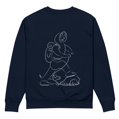 Woman and Dog Hiking White | Vegan Jumper in blue back