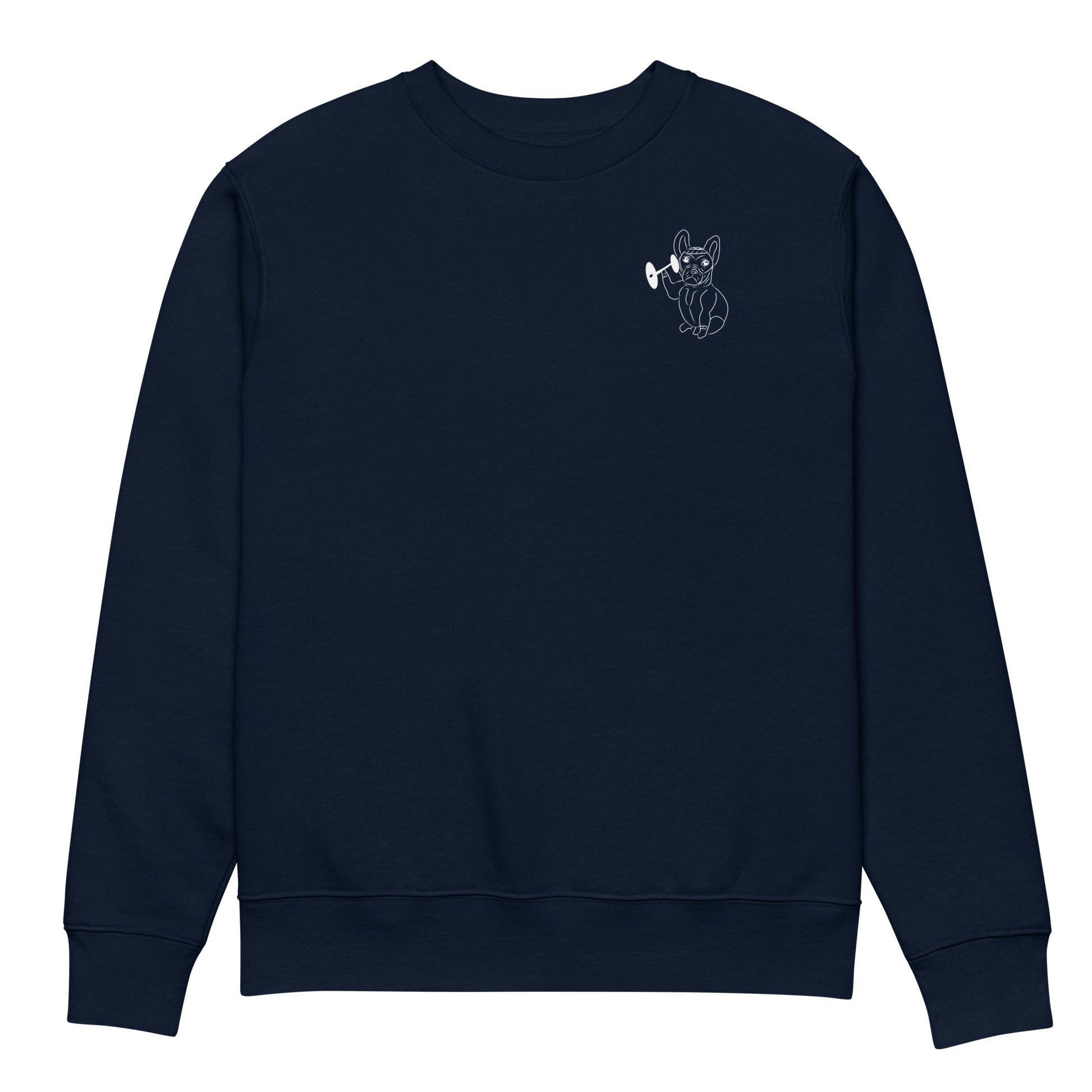 White French Bulldog Weight Lifter | Vegan Jumper in navy front view