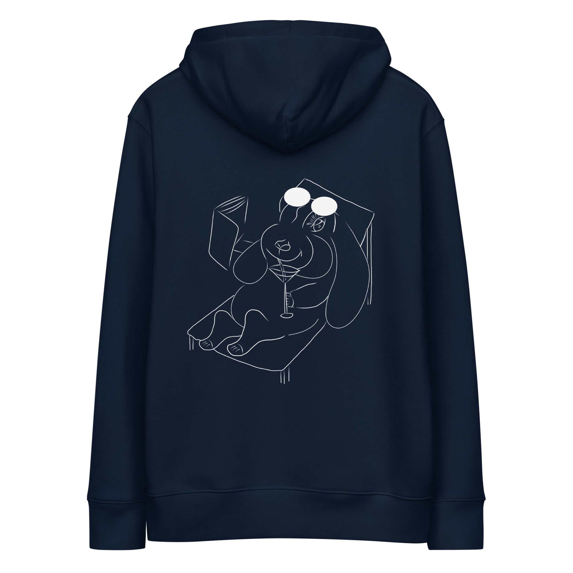 White Bunny Hop and Sip | Sustainable Hoodie in navy back view