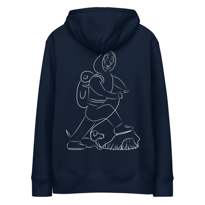 Woman and Dog Hiking White | Sustainable Hoodie in blue back view