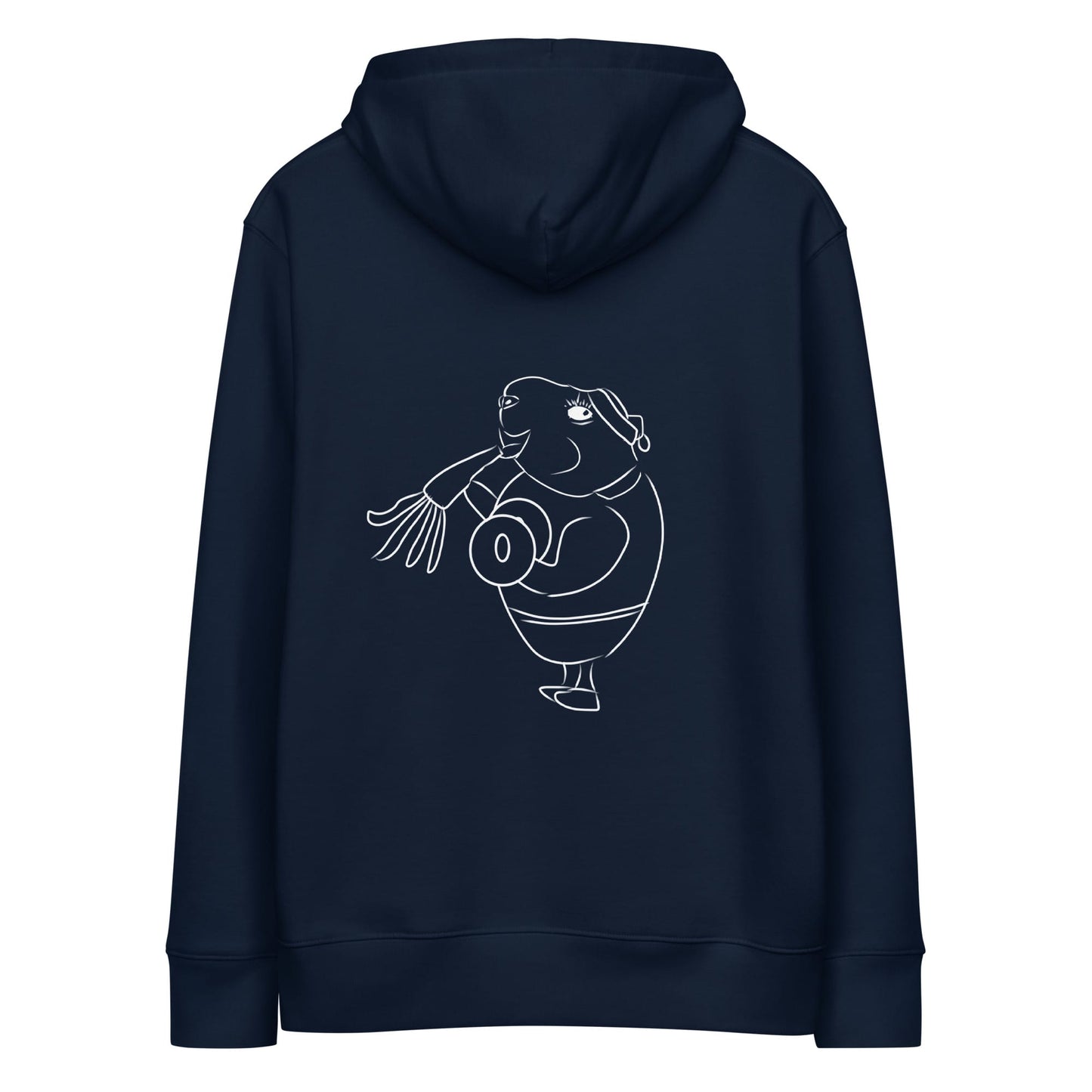 White Guinea Pig Weight Lifter | Sustainable Hoodie in navy back view