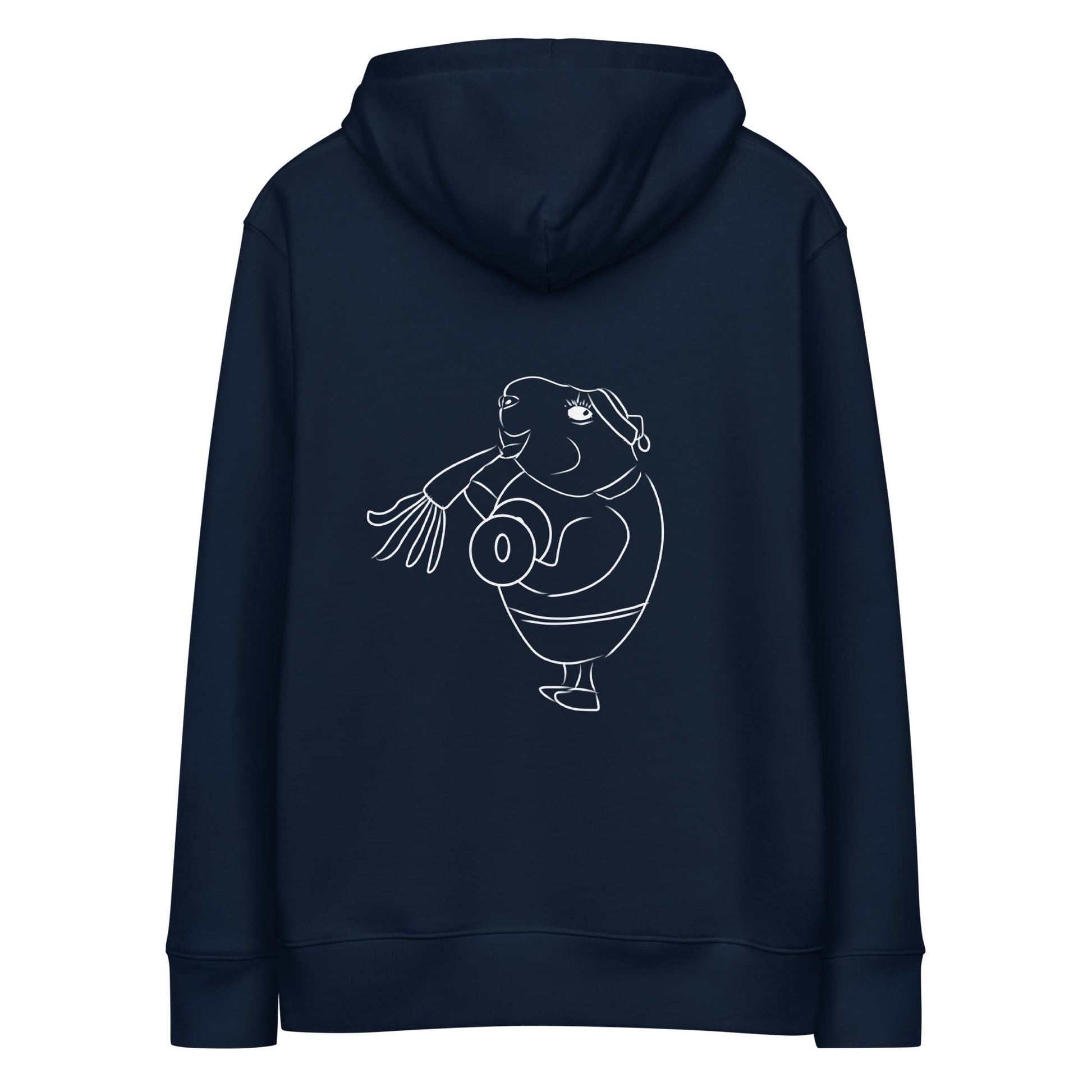 White Guinea Pig Weight Lifter | Sustainable Hoodie in navy back view
