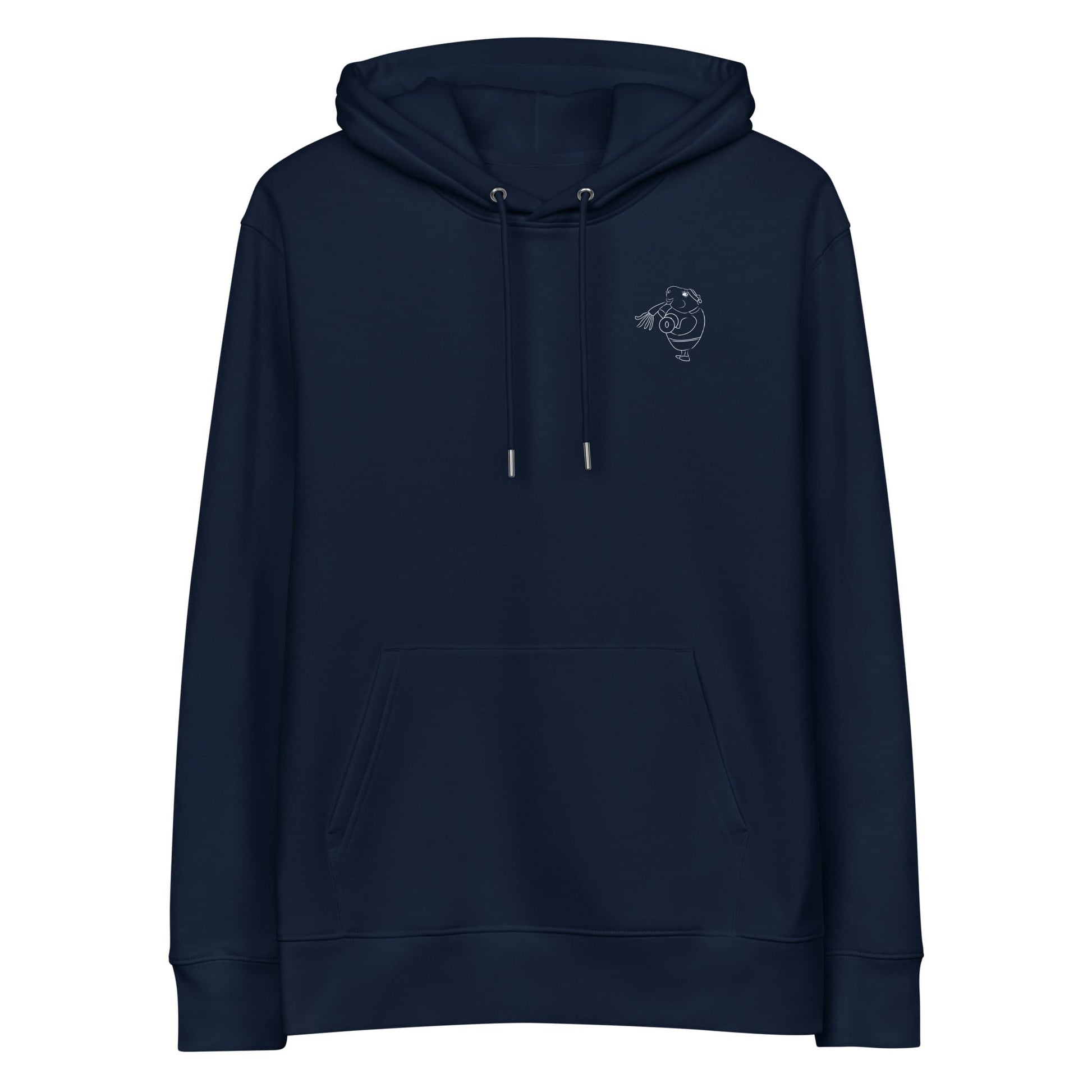 White Guinea Pig Weight Lifter | Sustainable Hoodie in navy front view