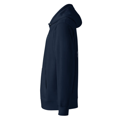 White Guinea Pig Weight Lifter | Sustainable Hoodie in navy side view
