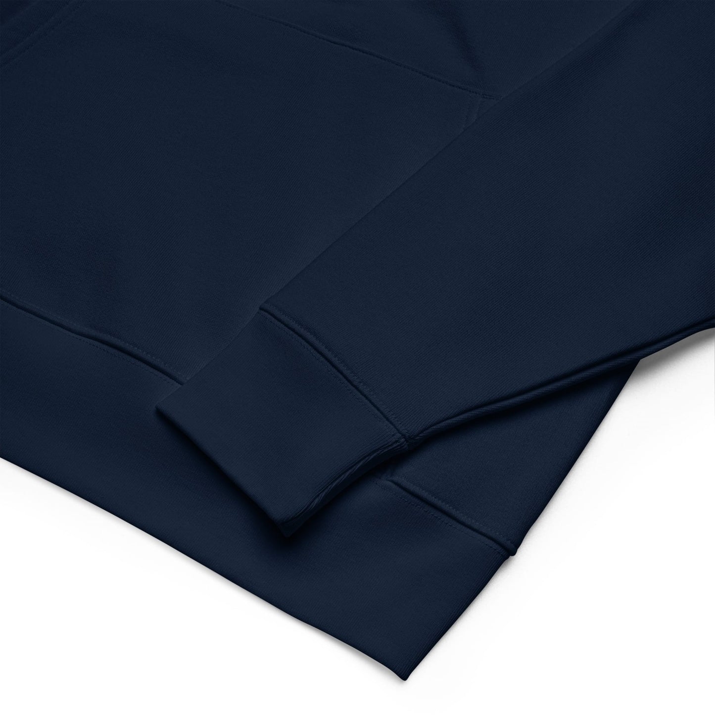 White Guinea Pig Weight Lifter | Sustainable Hoodie in navy sleeve