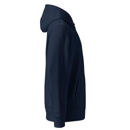 White Guinea Pig Weight Lifter | Sustainable Hoodie in navy side view