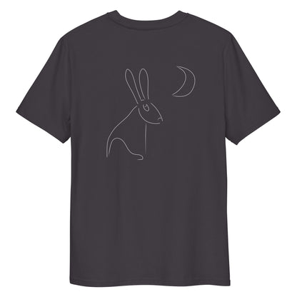 White Hare Stares at Moon | 100% Organic Cotton T Shirt in dark grey back