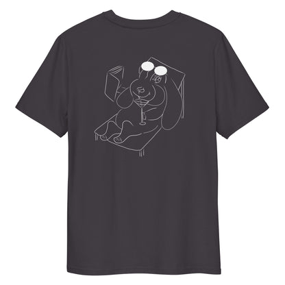 White Bunny Hop and Sip  | 100% Organic Cotton T Shirt in dark grey back view