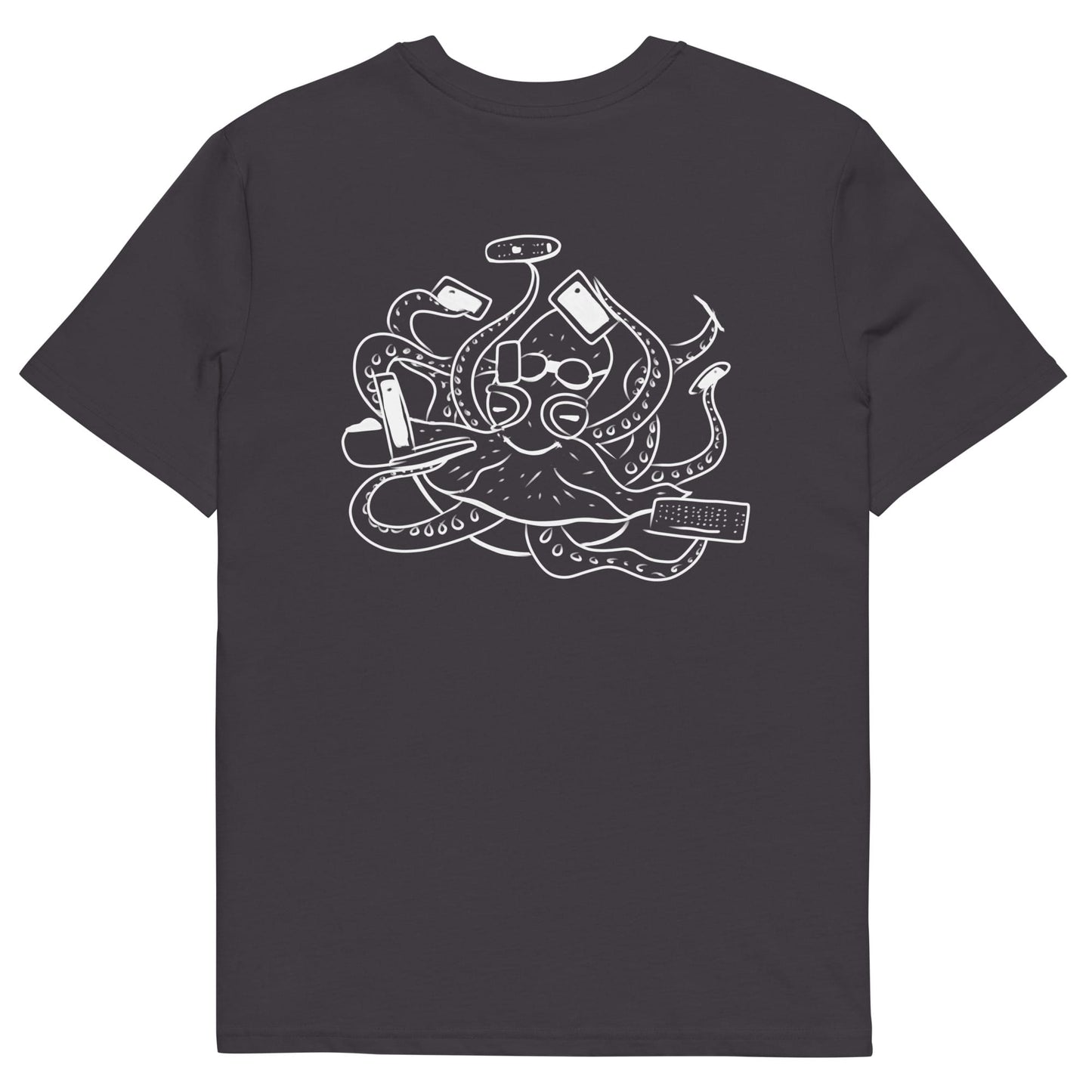 White Octopus Office Worker | 100% Organic Cotton T Shirt in anathracite back