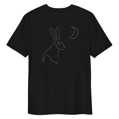 White Hare Stares at Moon | 100% Organic Cotton T Shirt in black back