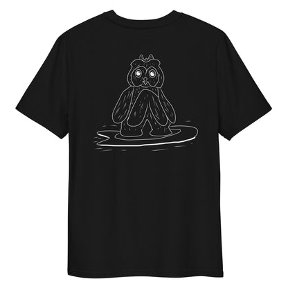 Surfing Owl White Line | 100% Organic Cotton T Shirt in black back view