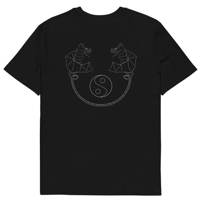 White Dragon Dance, Yin and Yang | 100% Organic Cotton T Shirt in black back