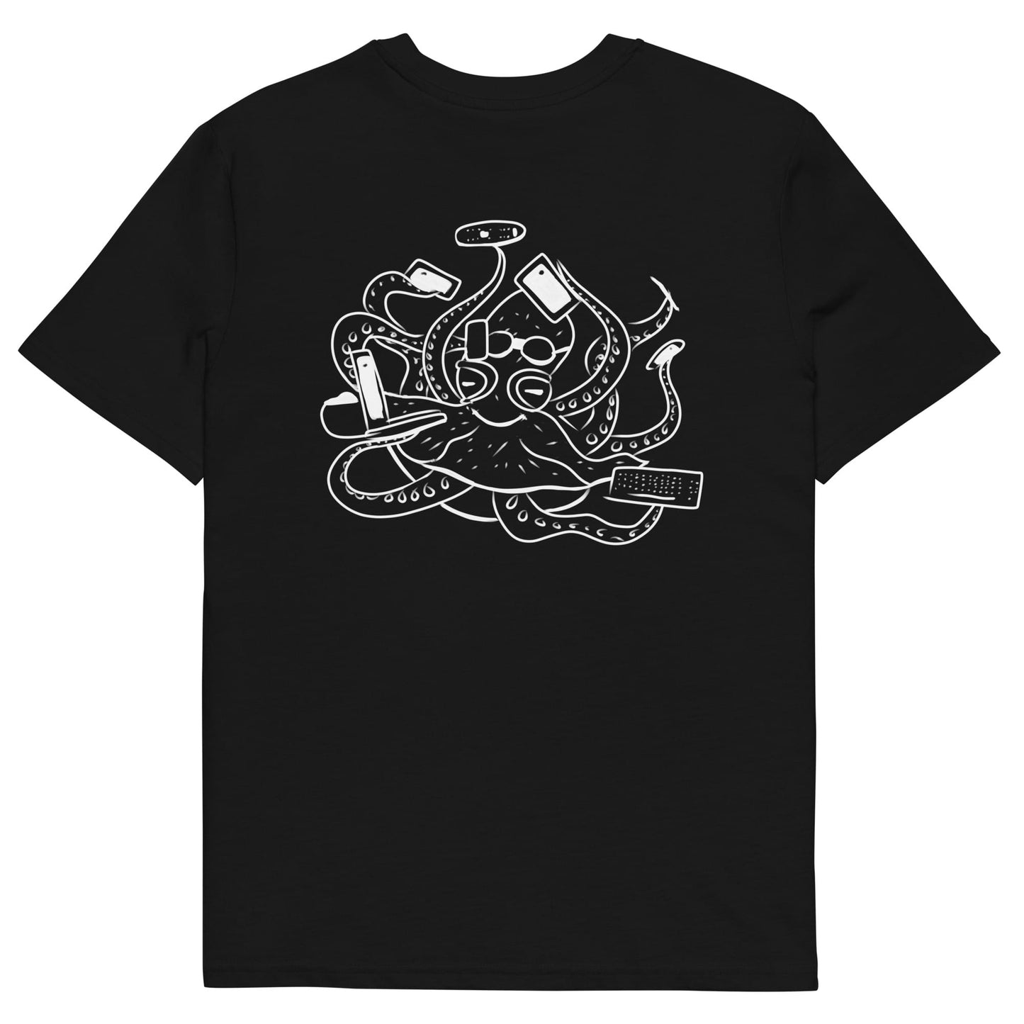 White Octopus Office Worker | 100% Organic Cotton T Shirt in black back