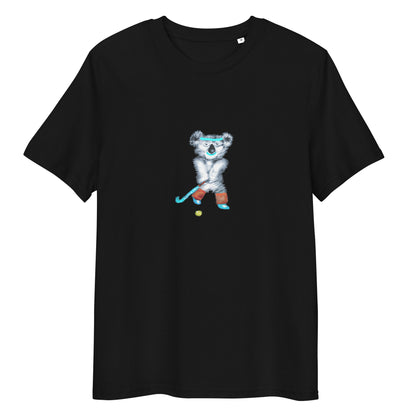Koala Playing Hockey | 100% Organic Cotton T Shirt in black