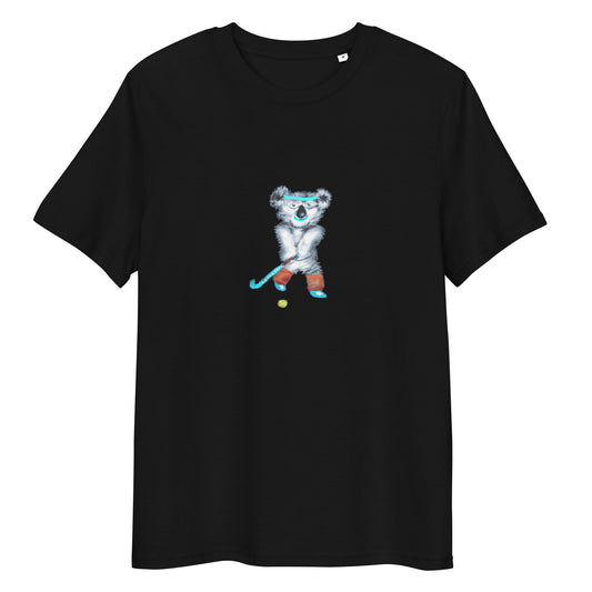 Koala Playing Hockey | 100% Organic Cotton T Shirt in black