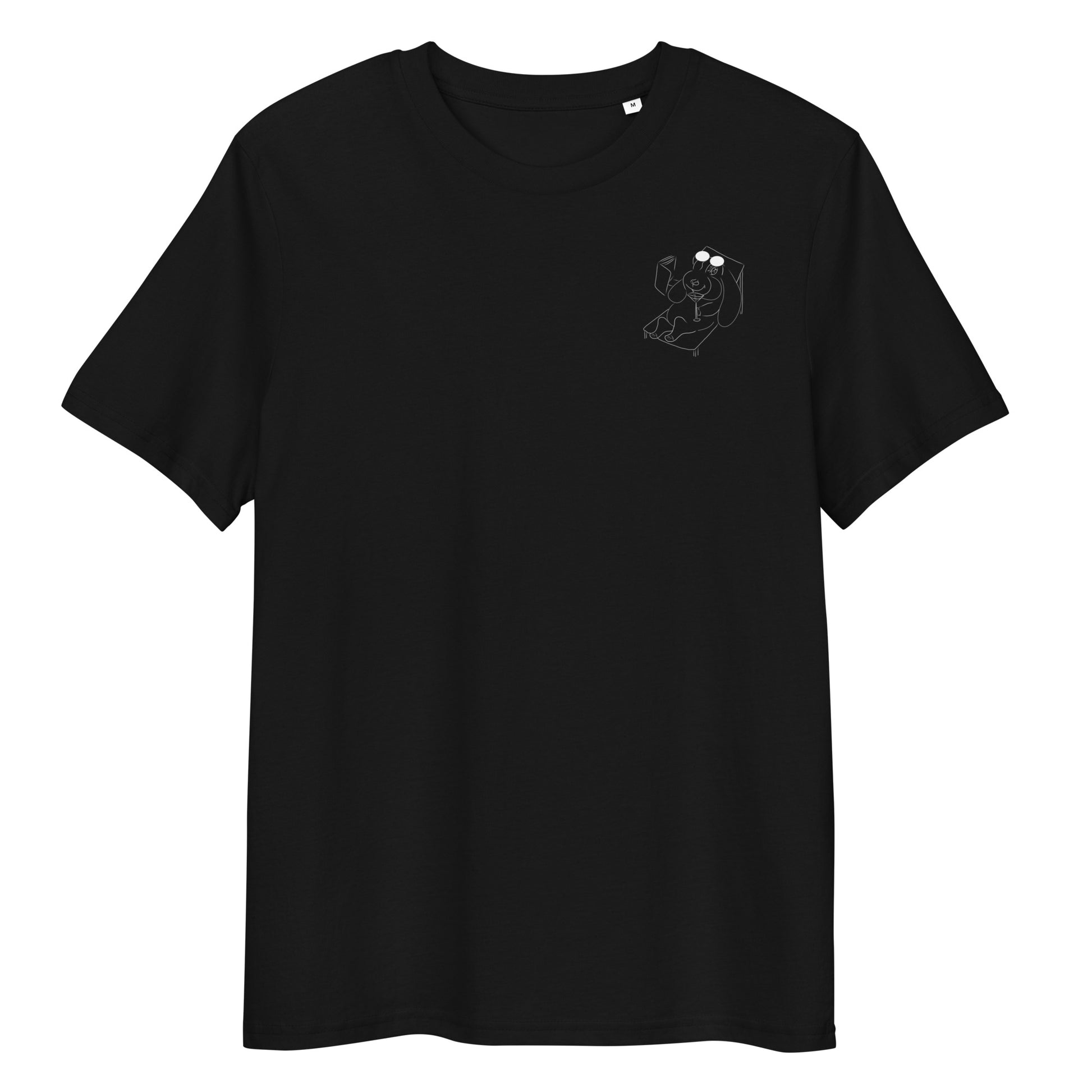 White Bunny Hop and Sip  | 100% Organic Cotton T Shirt in black front view