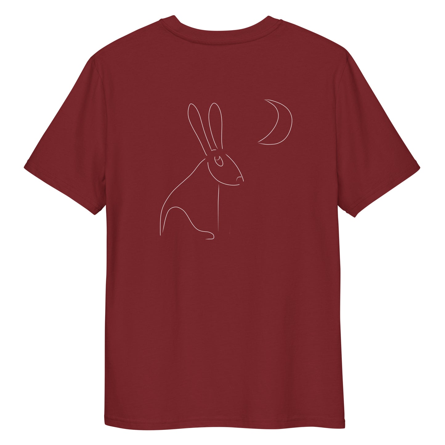 White Hare Stares at Moon | 100% Organic Cotton T Shirt in burgundy back