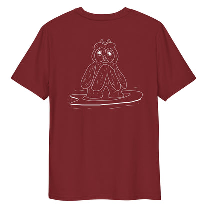 Surfing Owl White Line | 100% Organic Cotton T Shirt in burgundy back