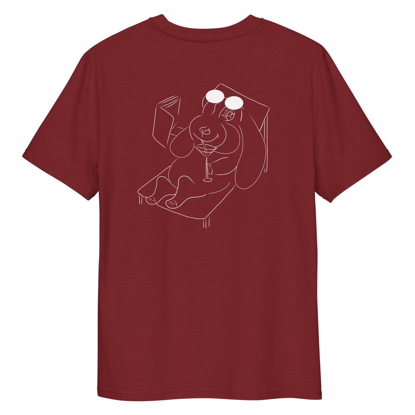 White Bunny Hop and Sip  | 100% Organic Cotton T Shirt in burgundy back view